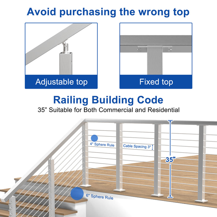 BLIKA 36" Brushed Stainless Steel Pre-Drilled Cable Railing Post for Level Installations