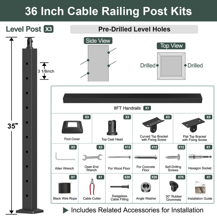 BLIKA 36'' Black Surface Mount Stair Cable Railing  DIY Kit