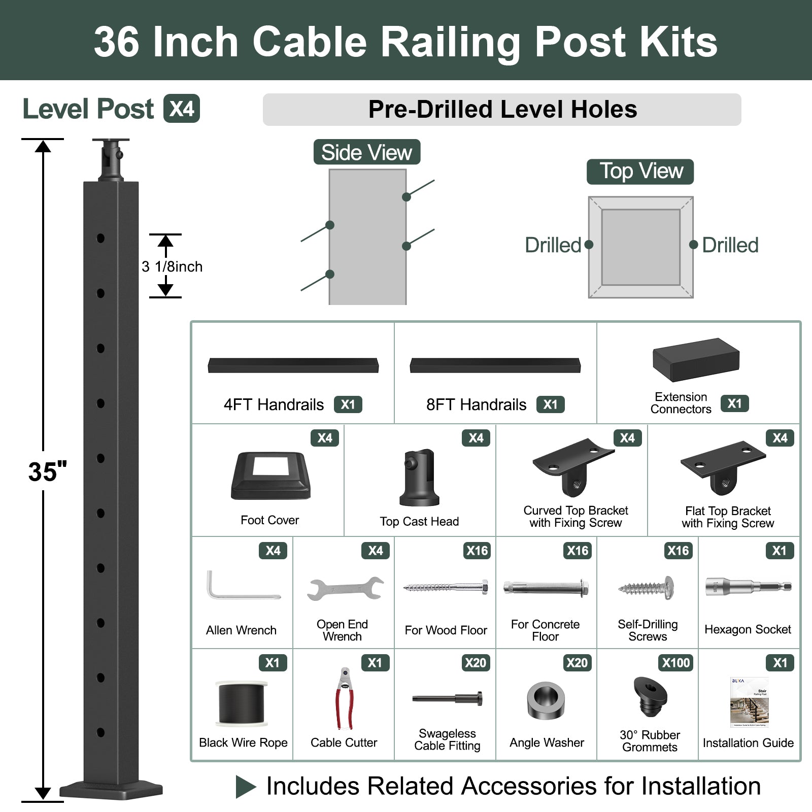 BLIKA 36'' Black Surface Mount Stair Cable Railing  DIY Kit