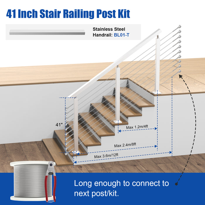 BLIKA 42" Brushed Stainless Steel Pre-Drilled Cable Railing Post for Stair Installations