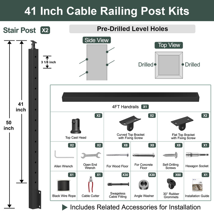 BLIKA 42'' Black Side Mount Stair Cable Railing System DIY Kit (4FT - 20FT, Level Drilled)
