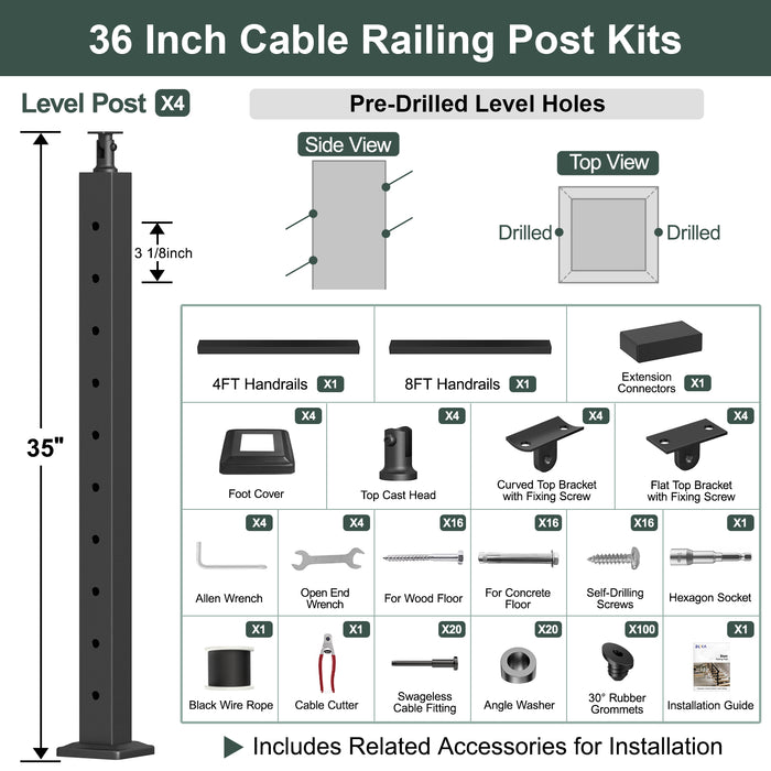BLIKA 36'' Black Surface Mount Stair Cable Railing  DIY Kit