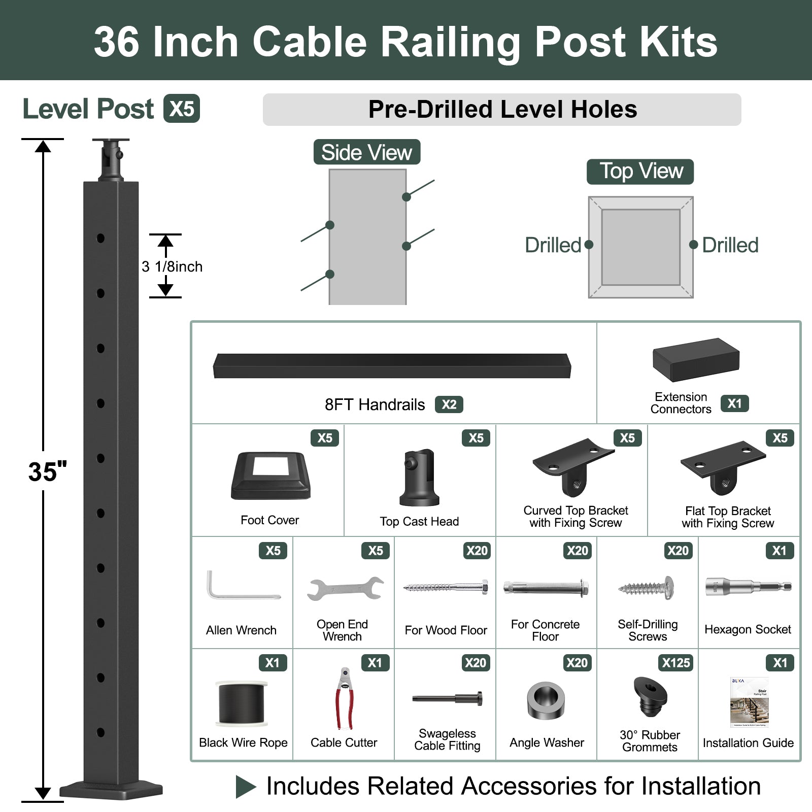BLIKA 36'' Black Surface Mount Stair Cable Railing  DIY Kit