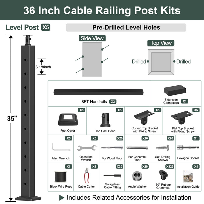 BLIKA 36'' Black Surface Mount Stair Cable Railing  DIY Kit