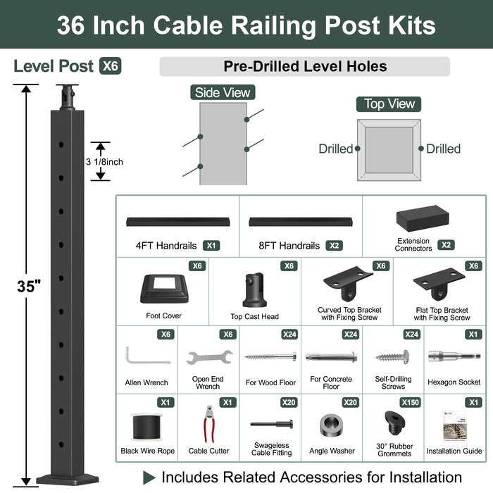 BLIKA 36'' Black Surface Mount Stair Cable Railing  DIY Kit