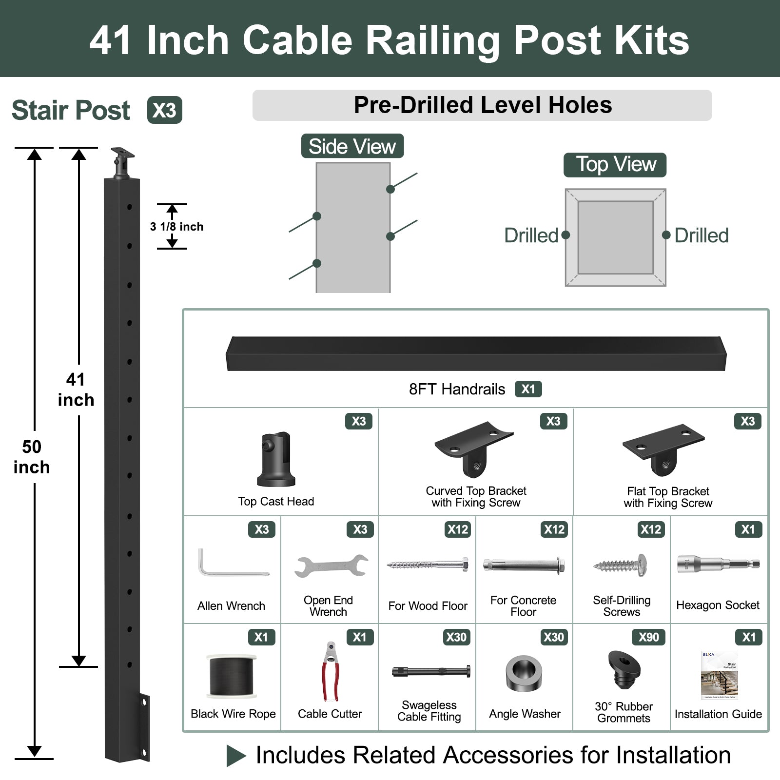 BLIKA 42'' Black Side Mount Stair Cable Railing System DIY Kit (4FT - 20FT, Level Drilled)
