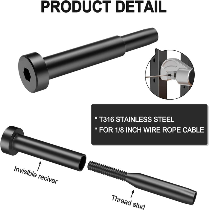 BLIKA 1/8" & 3/16" Stainless Steel Invisible Receiver and Swage Stud End for 2"x2"Posts, Invisible Cable Railing Kit