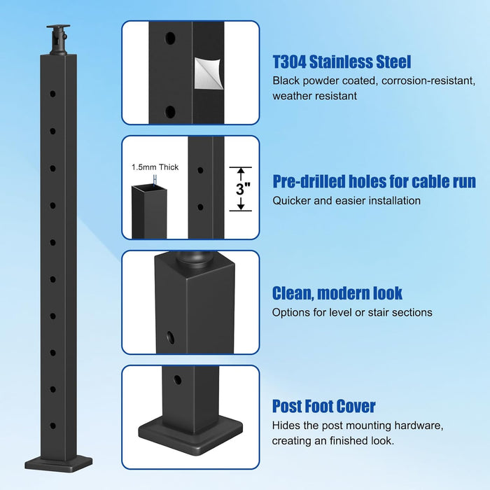 BLIKA 36'' 12FT Black Level Drilled Cable Railing System DIY Kit