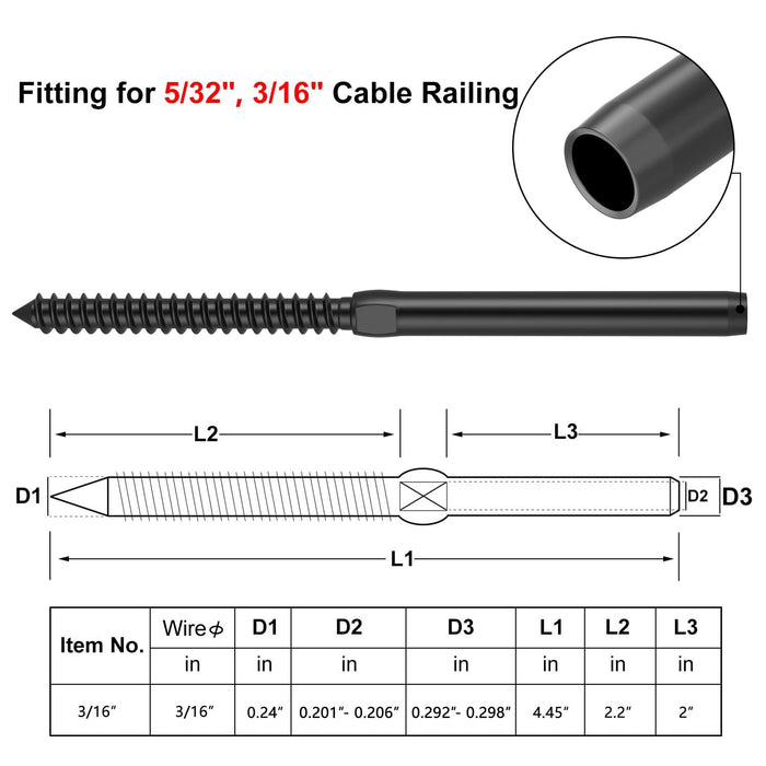 BLIKA Black Swage Lag Screws for 3/16" Cable Railing