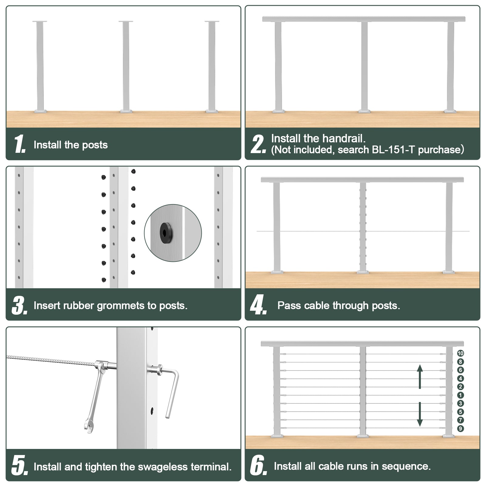 BLIKA 36'' & 42'' Brushed Stainless Steel Surface Mount Cable Railing System DIY Kit (4FT - 20FT, Level Drilled, No Handrail)