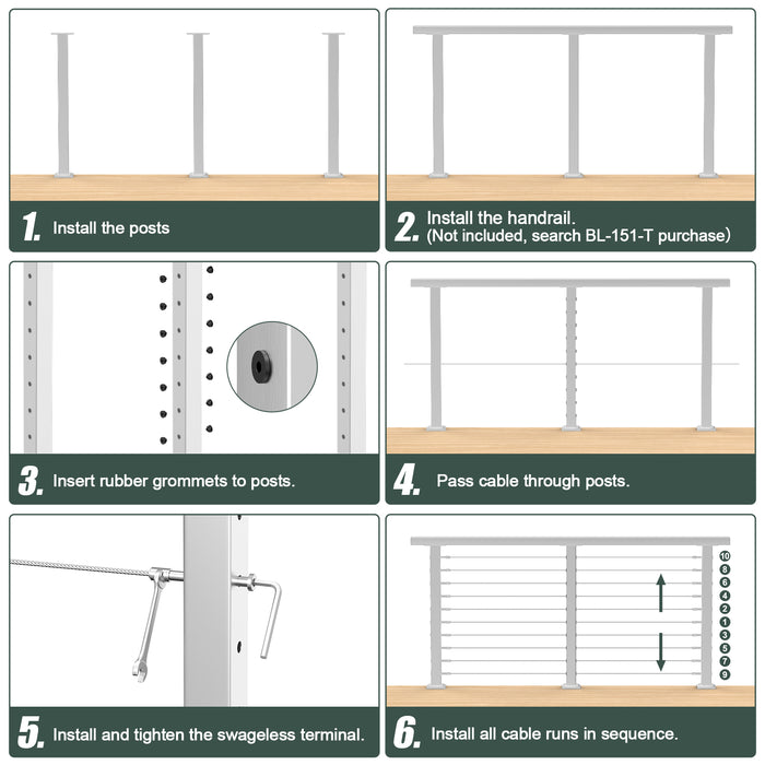 BLIKA 36'' & 42'' Brushed Stainless Steel Surface Mount Cable Railing System DIY Kit (4FT - 20FT, Level Drilled, No Handrail)