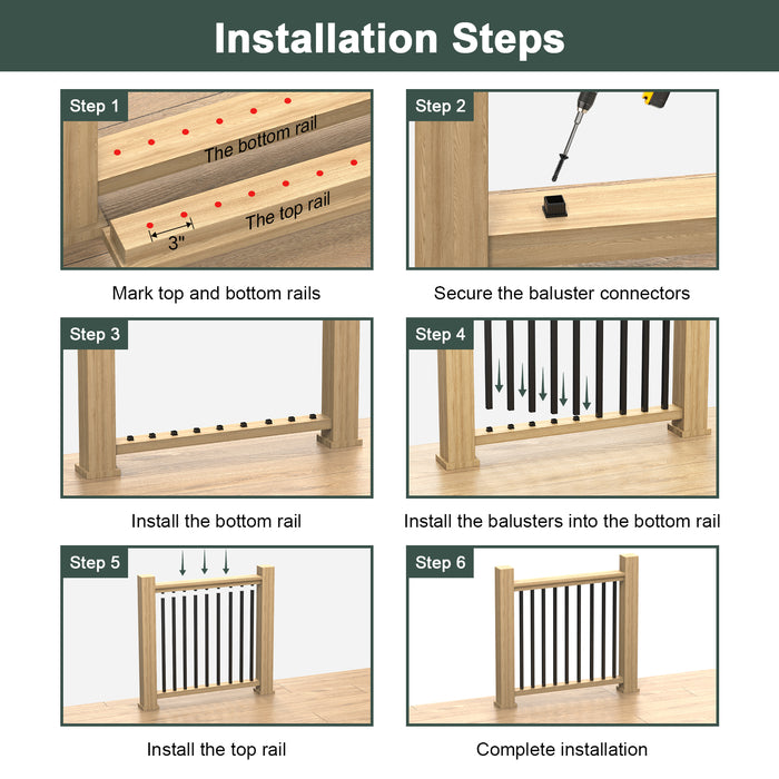 BLIKA 26" 32" 36" Black Square Aluminum Deck Balusters