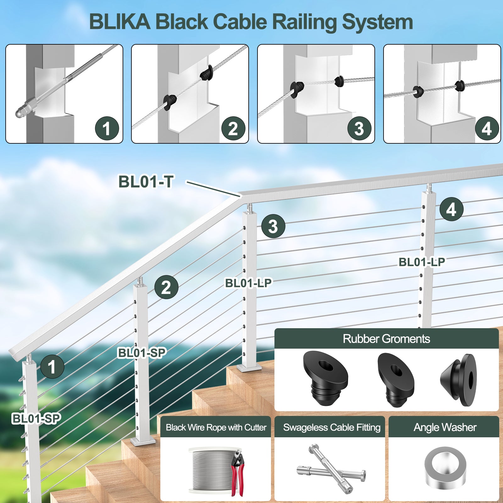 BLIKA  Brushed Stainless Steel Cable Railing Handrails