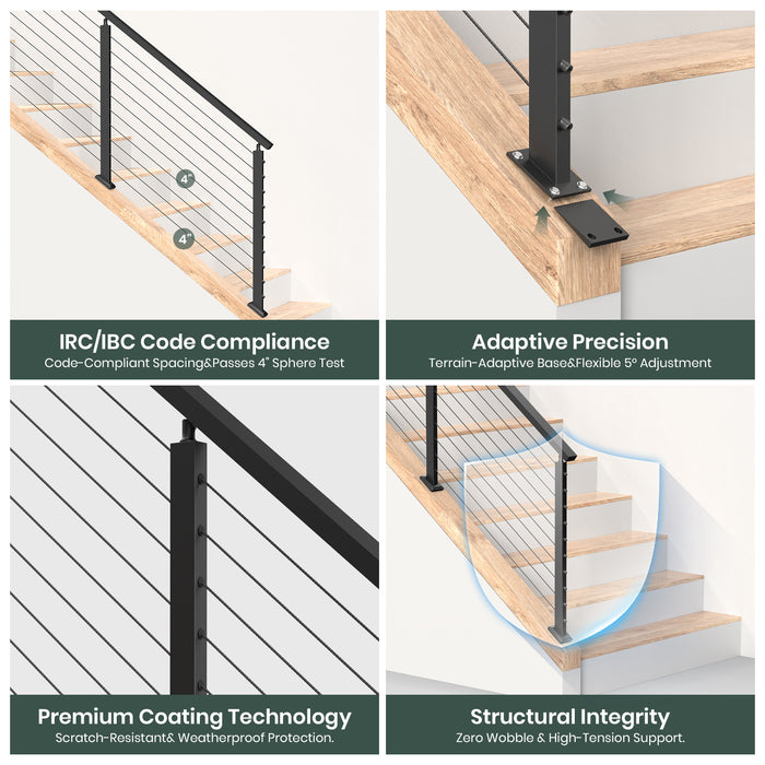 BLIKA 36" Slope Stair Drilled Cable Railing Black  Post 25°-35° Adjustable