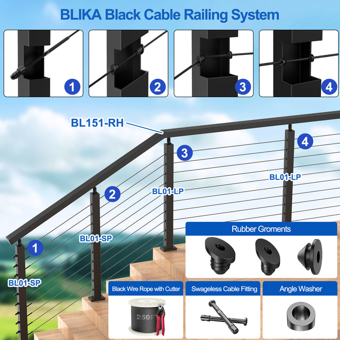 BLIKA 6'6'' Stainless Steel Black Cable Railing Handrails