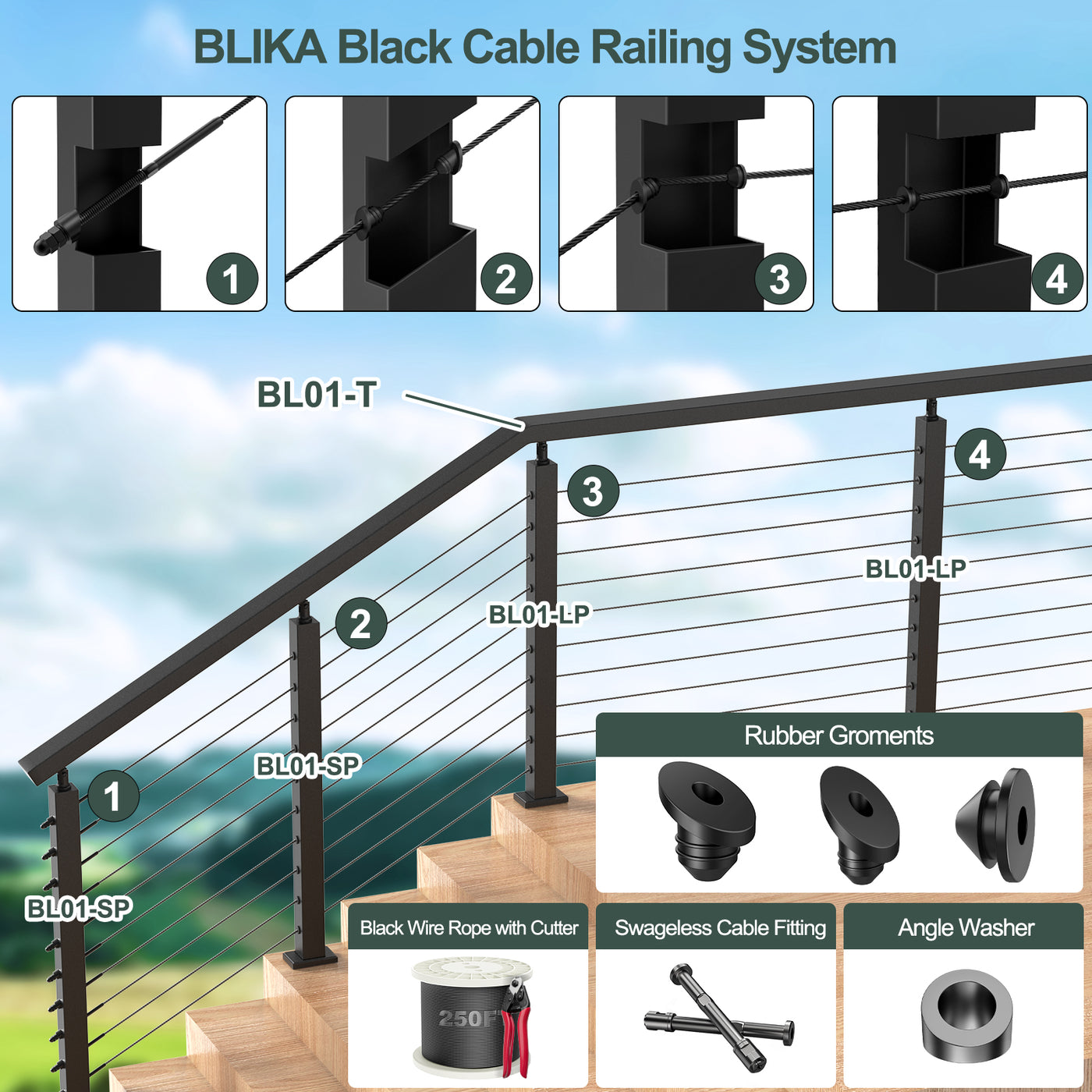 BLIKA Black Rectangular Cable Railing Handrail | Matte T304 Stainless ...