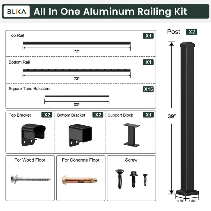 BLIKA 36" Level Aluminum Railing & 39" Post System DIY Kit（4FT-28FT）