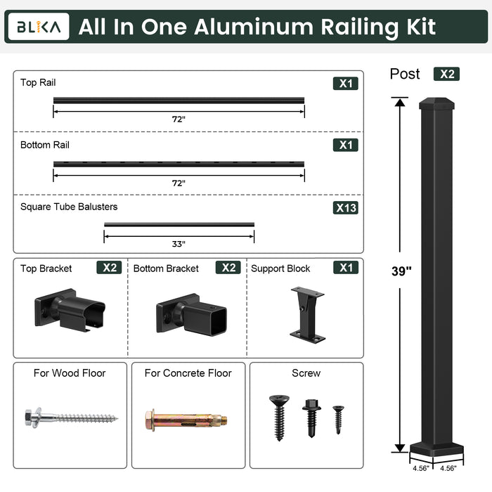 BLIKA 36" Stair Aluminum Railing & 39" Post System DIY Kit（4FT-20FT）