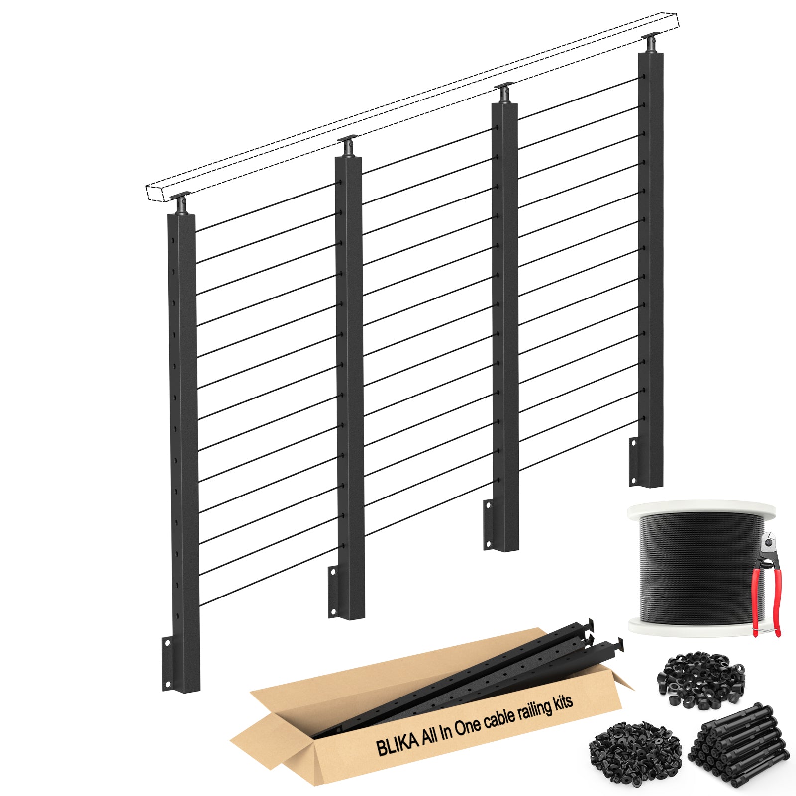 BLIKA 42'' Black Side Mount Stair Cable Railing System DIY Kit (4FT - 20FT,  No Handrail)