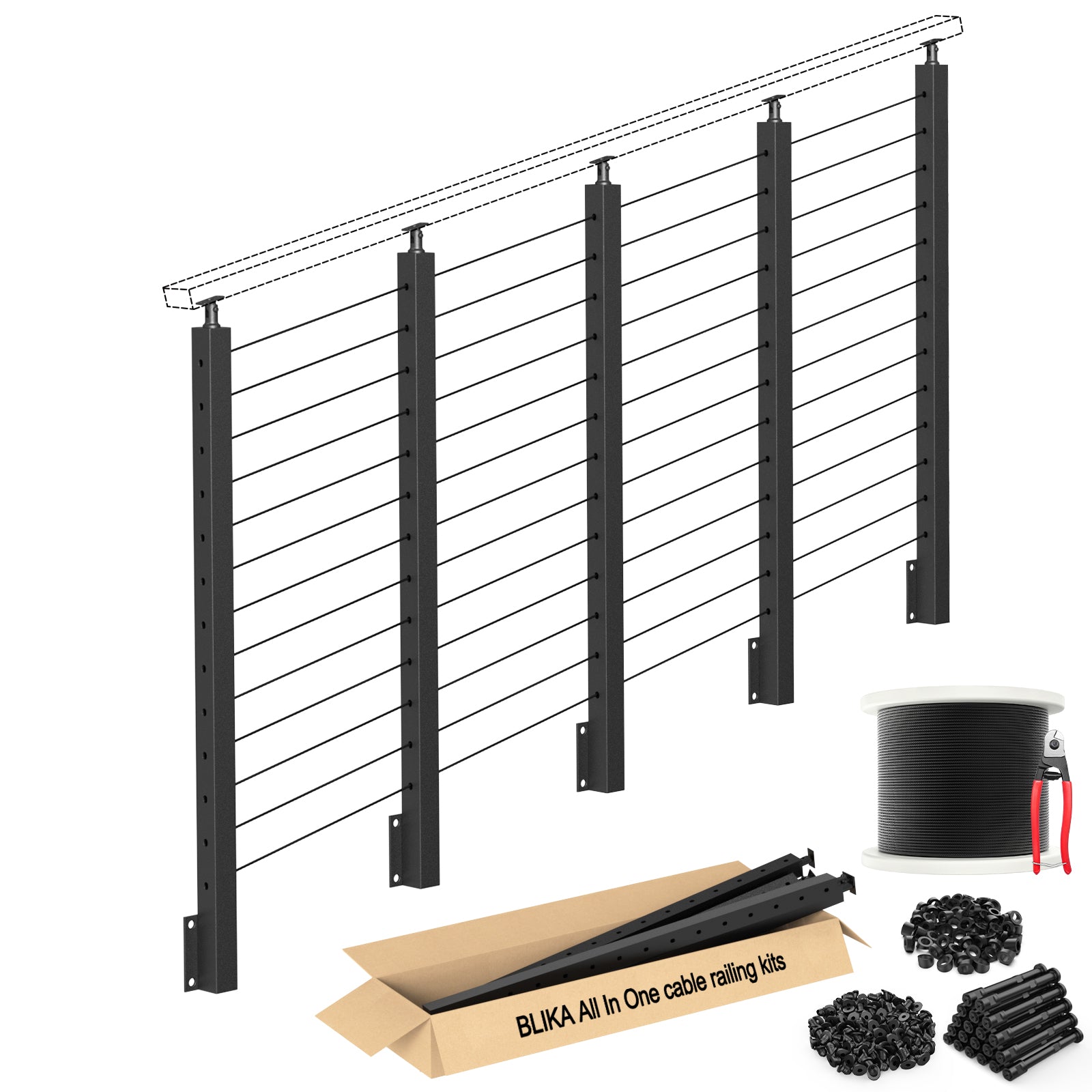 BLIKA 42'' Black Side Mount Stair Cable Railing System DIY Kit (4FT - 20FT,  No Handrail)