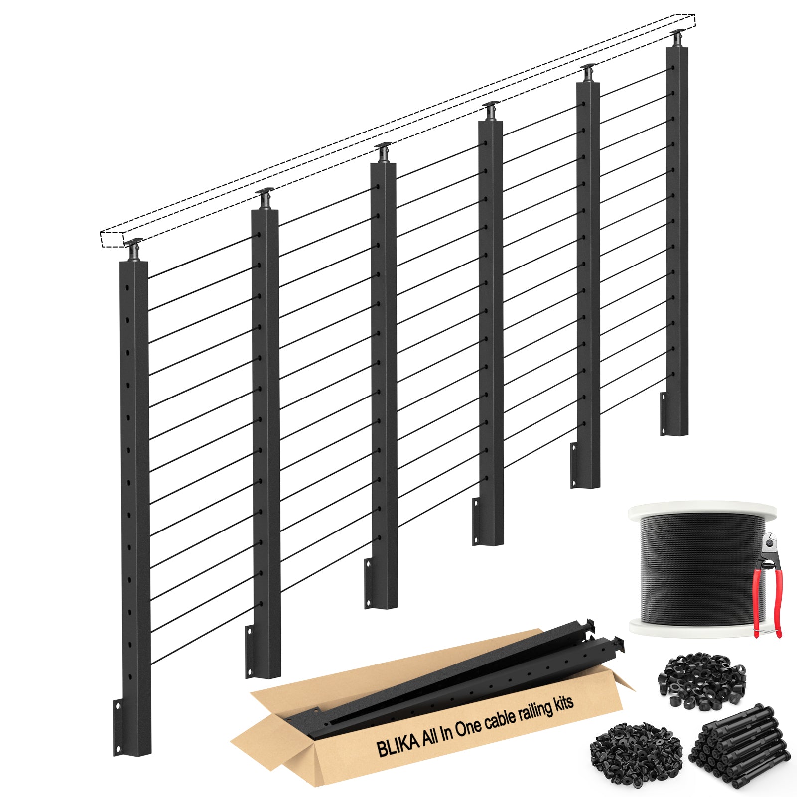 BLIKA 42'' Black Side Mount Stair Cable Railing System DIY Kit (4FT - 20FT,  No Handrail)