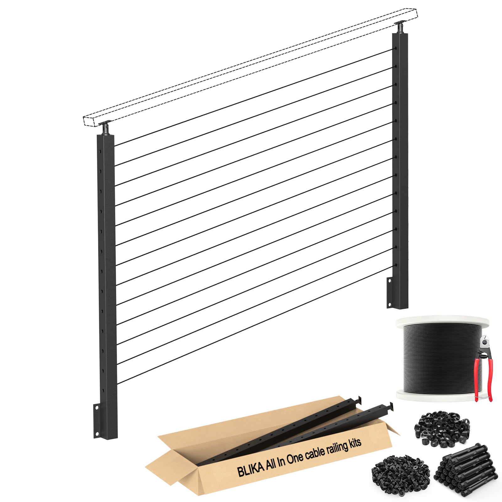 BLIKA 42'' Black Side Mount Stair Cable Railing System DIY Kit (4FT - 20FT,  No Handrail)