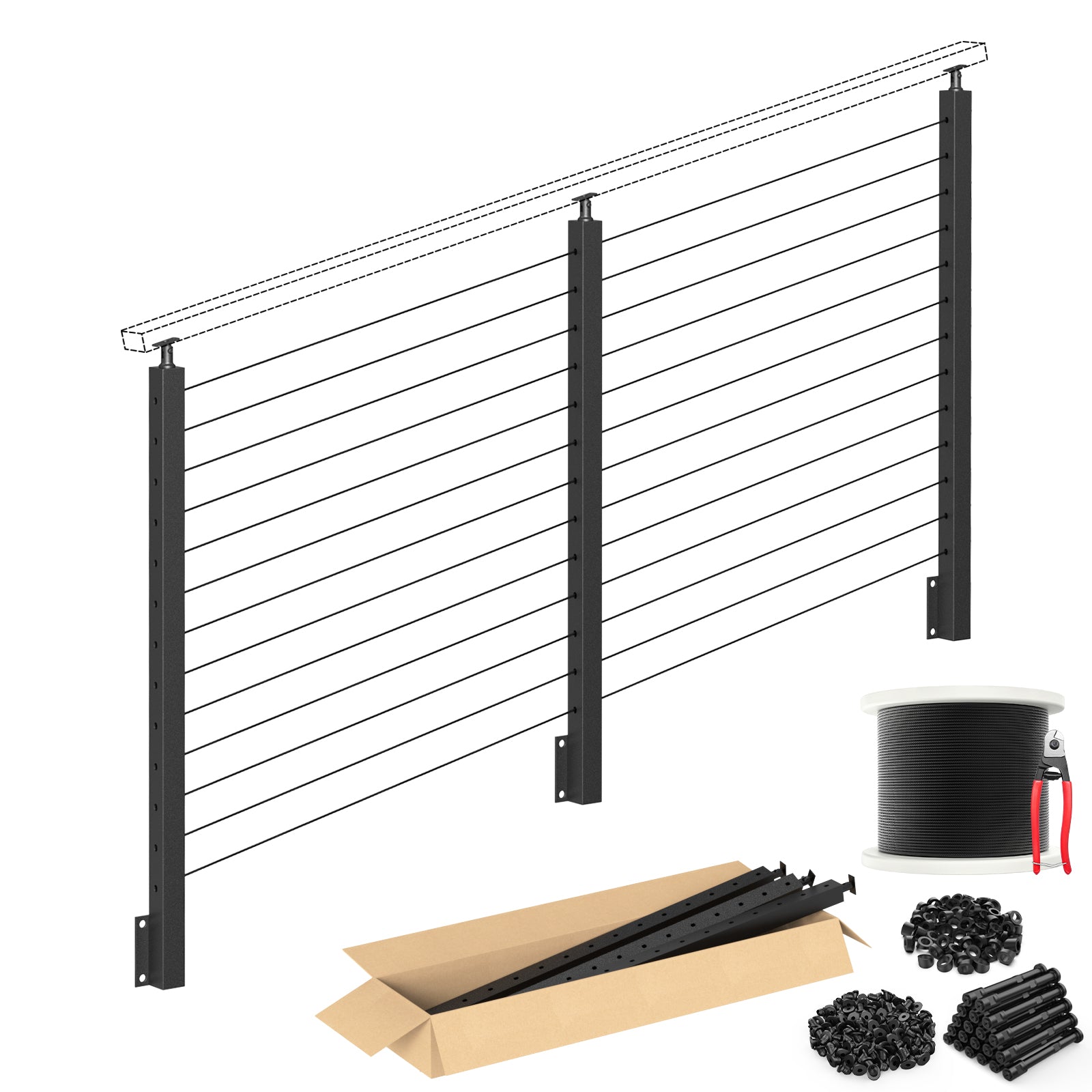 BLIKA 42'' Black Side Mount Stair Cable Railing System DIY Kit (4FT - 20FT,  No Handrail)