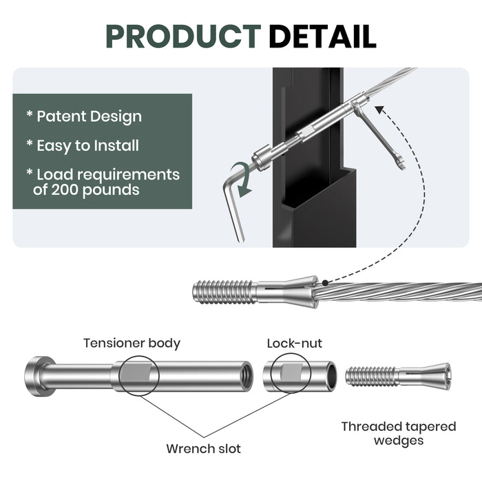 BLIKA Patented 1/8" & 3/16" Swageless Cable Fittings T316 For Metal&Wood Post