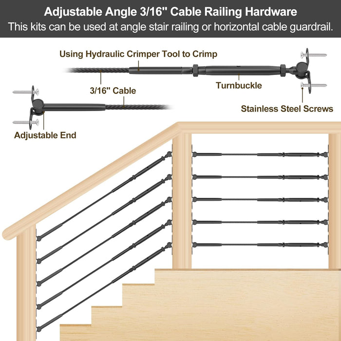 BLIKA Black Adjustable Angle 3/16" Cable Railing Kit for Wood Posts