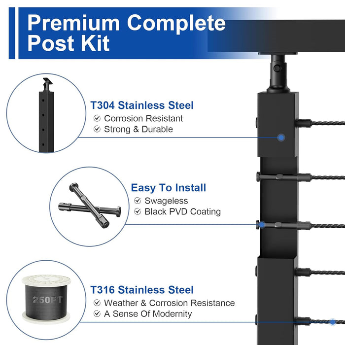 BLIKA 36'' 12FT Black Level Drilled Cable Railing System DIY Kit