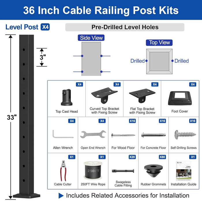 BLIKA 36'' 12FT Black Level Drilled Cable Railing System DIY Kit