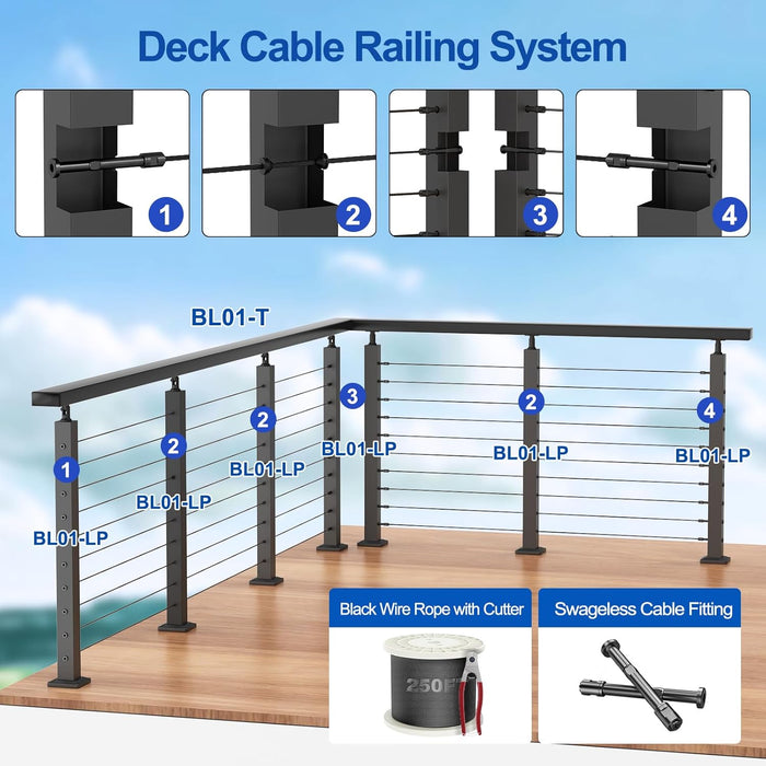 BLIKA 36'' 12FT Black Level Drilled Cable Railing System DIY Kit