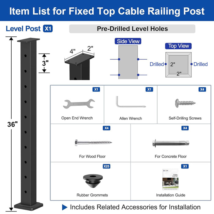 BLIKA 36" Level Drilled Cable Railing Post