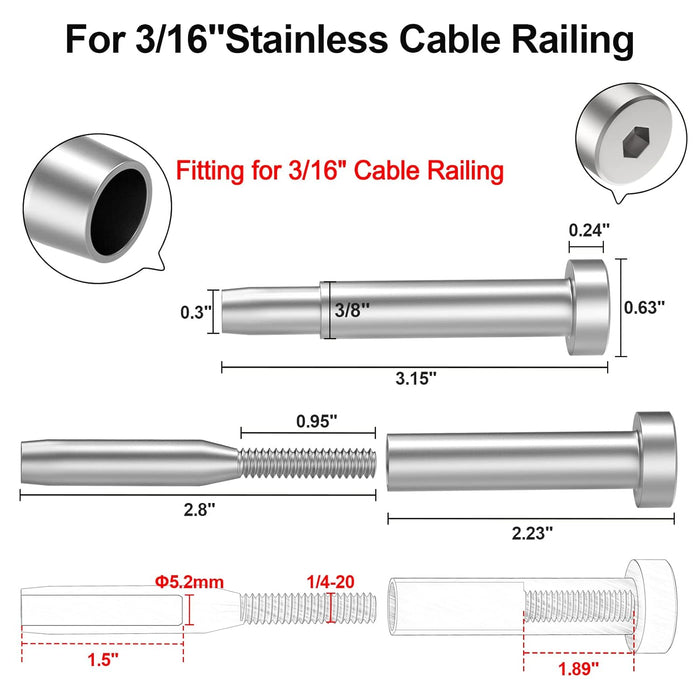 BLIKA 1/8" & 3/16" Stainless Steel Invisible Receiver and Swage Stud End for 2"x2"Posts, Invisible Cable Railing Kit