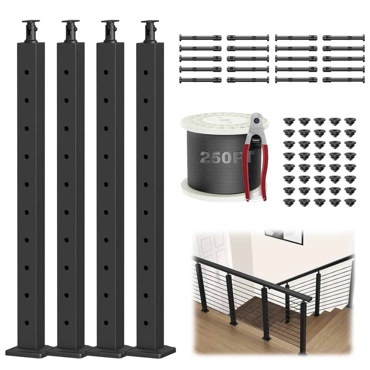 BLIKA 36'' 12FT Black Level Drilled Cable Railing System DIY Kit