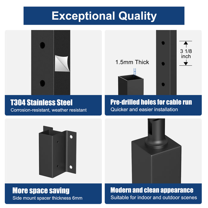 BLIKA 36" Level Drilled Side Mount Post with Bracket for Cable Railing