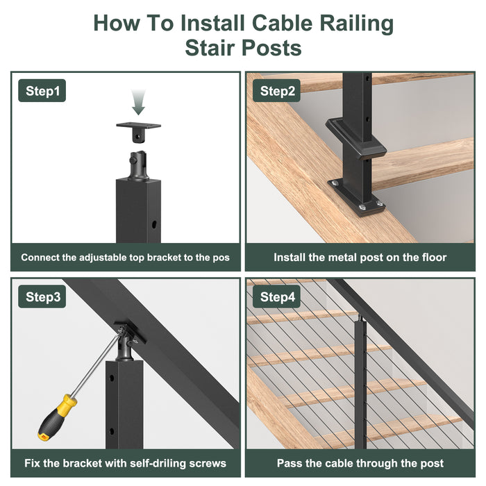 BLIKA 36" Slope Stair Drilled Cable Railing Black  Post 25°-35° Adjustable