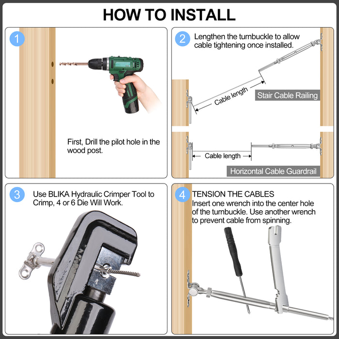 BLIKA Adjustable Angle 1/8" Cable Railing Kit for Wood Posts