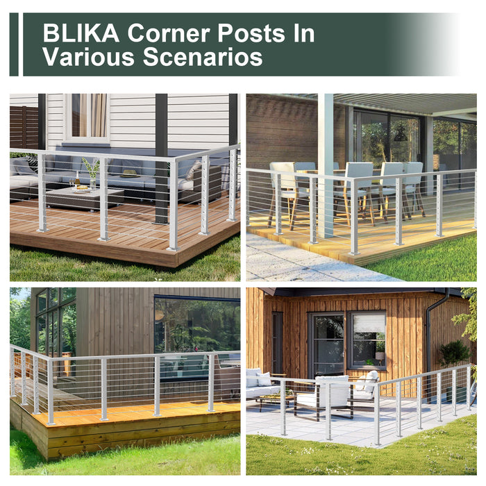 BLIKA 36" Level Drilled Brushed Stainless Steel Cable Railing Corner Post