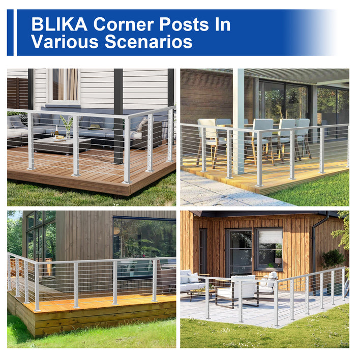 BLIKA 36" Level Drilled Brushed Stainless Steel Cable Railing Corner Post