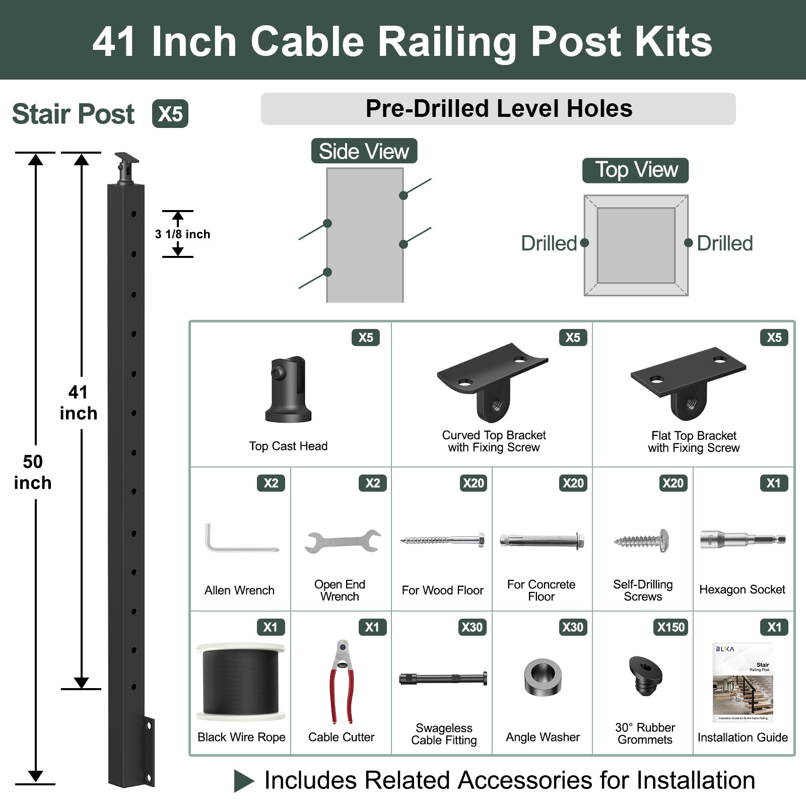 BLIKA 42'' Black Side Mount Stair Cable Railing System DIY Kit (4FT - 20FT,  No Handrail)