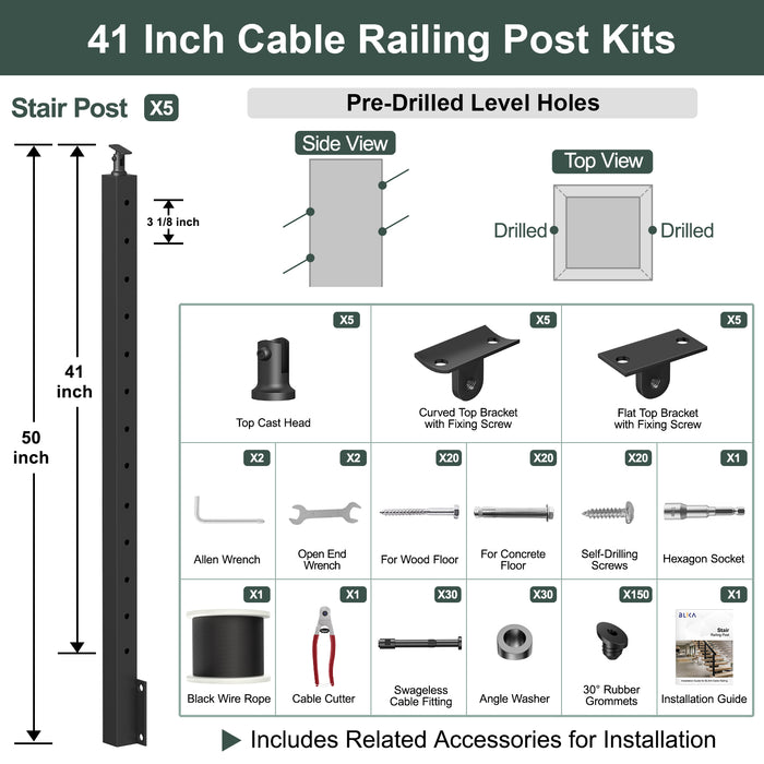 BLIKA 42'' Black Side Mount Stair Cable Railing System DIY Kit (4FT - 20FT,  No Handrail)