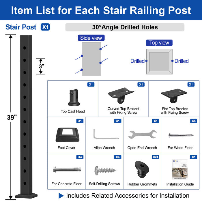 BLIKA 42" Adjustable 25-35 Angle Cable Railing Post