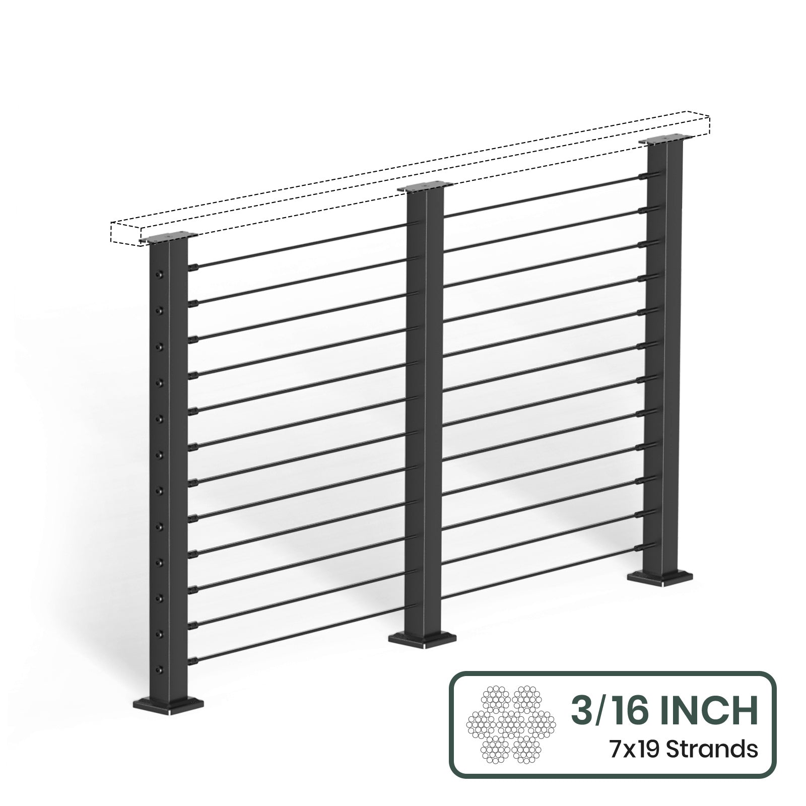 BLIKA 36'' & 42''  Black Surface Mount Cable Railing System DIY Kit (4FT - 28FT, Level Drilled, No Handrail) - 3/16