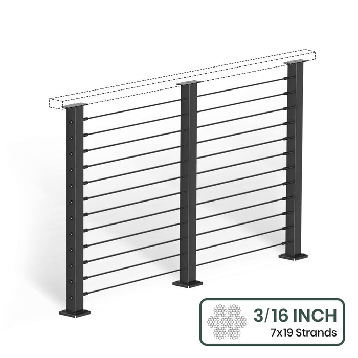 BLIKA 36'' & 42''  Black Surface Mount Cable Railing System DIY Kit (4FT - 28FT, Level Drilled, No Handrail) - 3/16" Cable & Hardware