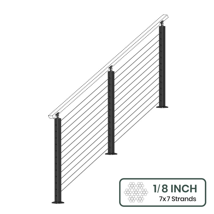 BLIKA 36'' & 42'' Black Surface Mount Stair Cable Railing System DIY Kit (4FT - 20FT, Angled Drilled, No Handrail) - 1/8" Cable & Hardware