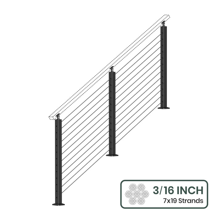 BLIKA 36'' & 42'' Black Surface Mount Stair Cable Railing System DIY Kit (4FT - 20FT, Angled Drilled, No Handrail) - 3/16" Cable & Hardware
