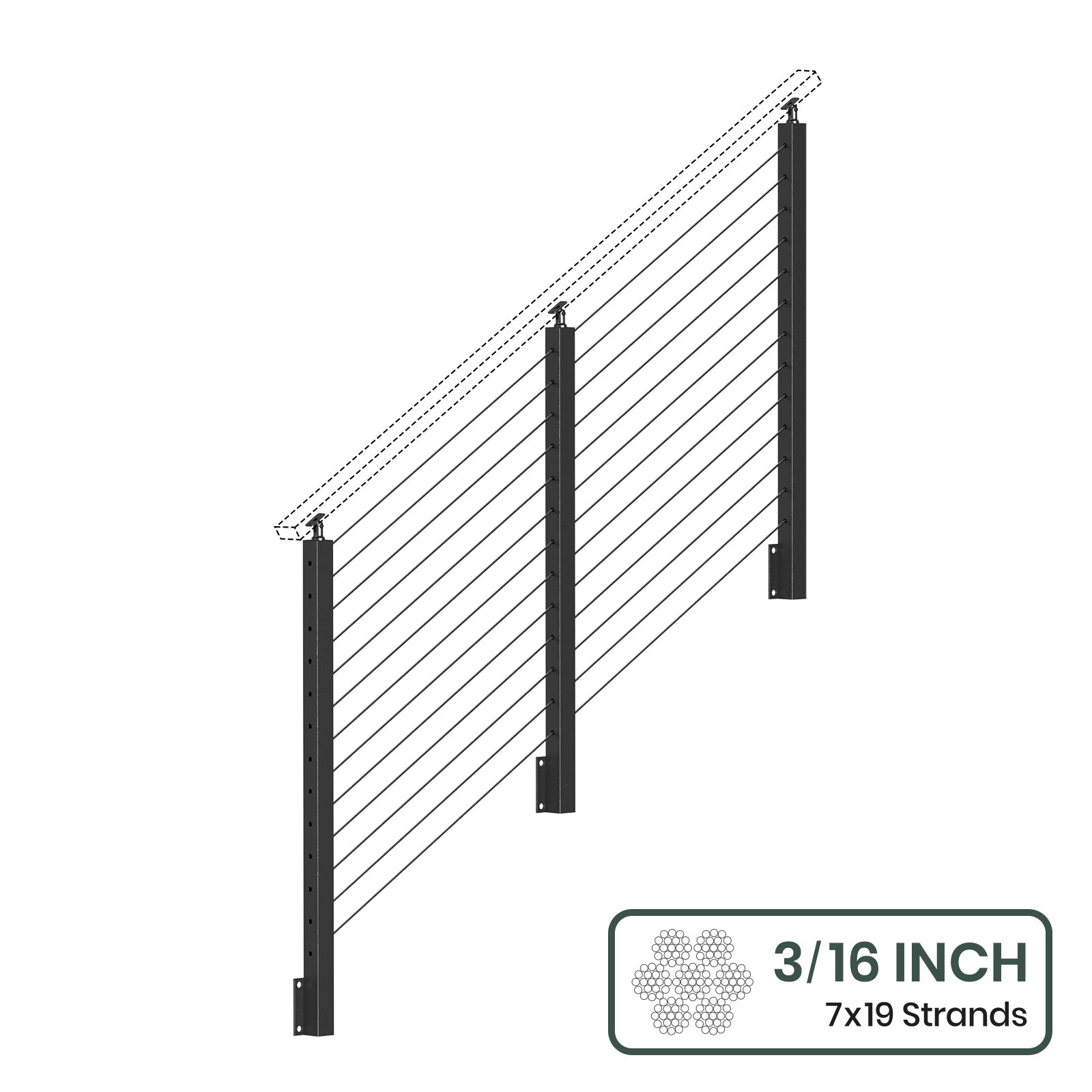 BLIKA 36'' & 42'' Black Side Mount Stair Cable Railing System DIY Kit (4FT - 20FT,  No Handrail) - 3/16