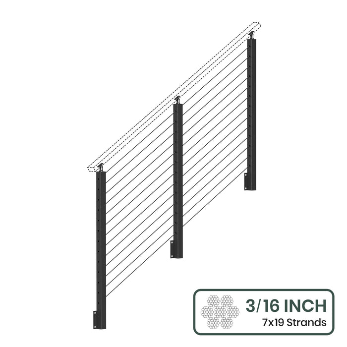 BLIKA 36'' & 42'' Black Side Mount Stair Cable Railing System DIY Kit (4FT - 20FT,  No Handrail) - 3/16" Cable & Hardware