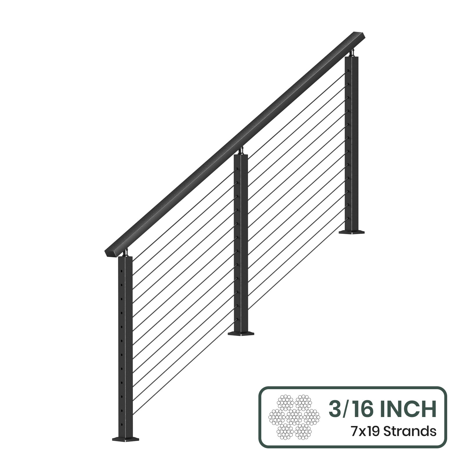 BLIKA 36'' & 42'' Black Surface Mount Stair Cable Railing System DIY Kit (4FT - 20FT, Angled Drilled) - 3/16